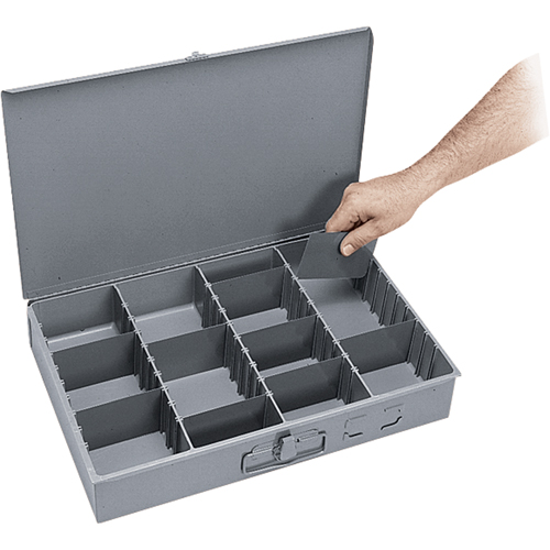 Boîtes &agrave; compartiments ajustables, Acier, Variable compartiments, 18" la x 12" p, 3" h, Gris We Share Industrial Supply