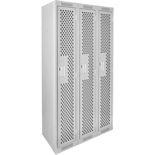 Clean Line Lockers, Bank of 3, 36" x 12" x 72", Steel, Grey, Rivet (Assembled), Perforated We Share Industrial Supply