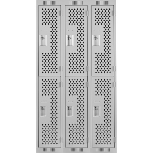 Clean Line Lockers, 2 -tier, Bank of 3, 36" x 12" x 72", Steel, Grey, Rivet (Assembled), Perforated We Share Industrial Supply