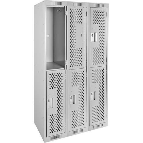 Clean Line Lockers, 2 -tier, Bank of 3, 36" x 12" x 72", Steel, Grey, Rivet (Assembled), Perforated We Share Industrial Supply