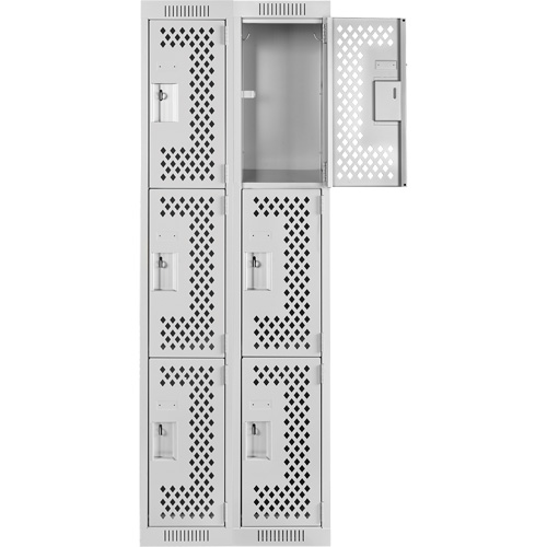 Clean Line Lockers, 3 -tier, Bank of 2, 24" x 12" x 72", Steel, Grey, Rivet (Assembled), Perforated We Share Industrial Supply