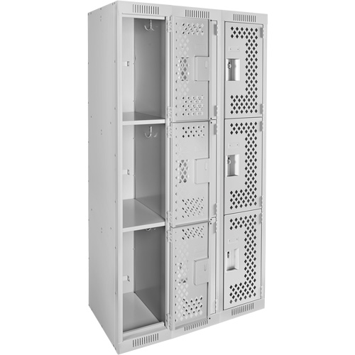 Clean Line Lockers, 3 -tier, Bank of 3, 36" x 12" x 72", Steel, Grey, Rivet (Assembled), Perforated We Share Industrial Supply