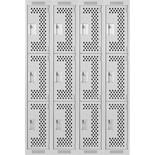 Clean Line Lockers, 3 -tier, Bank of 4, 48" x 12" x 72", Steel, Grey, Rivet (Assembled), Perforated We Share Industrial Supply