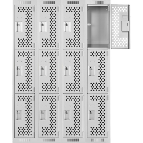 Clean Line Lockers, 3 -tier, Bank of 4, 48" x 12" x 72", Steel, Grey, Rivet (Assembled), Perforated We Share Industrial Supply