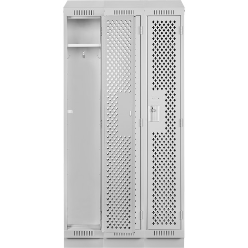 Clean Line Lockers, Bank of 3, 36" x 15" x 82", Steel, Grey, Rivet (Assembled), Perforated We Share Industrial Supply