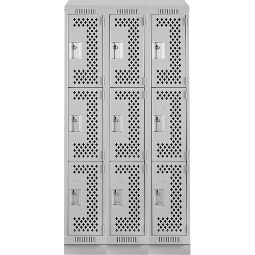 Clean Line Lockers, 3 -tier, Bank of 3, 36" x 15" x 82", Steel, Grey, Rivet (Assembled), Perforated We Share Industrial Supply