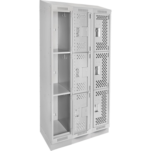 Clean Line Lockers, 3 -tier, Bank of 3, 36" x 15" x 82", Steel, Grey, Rivet (Assembled), Perforated We Share Industrial Supply