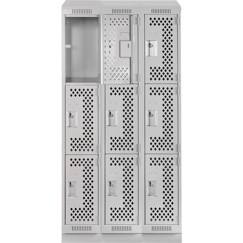 Clean Line Lockers, 3 -tier, Bank of 3, 36" x 15" x 82", Steel, Grey, Rivet (Assembled), Perforated We Share Industrial Supply