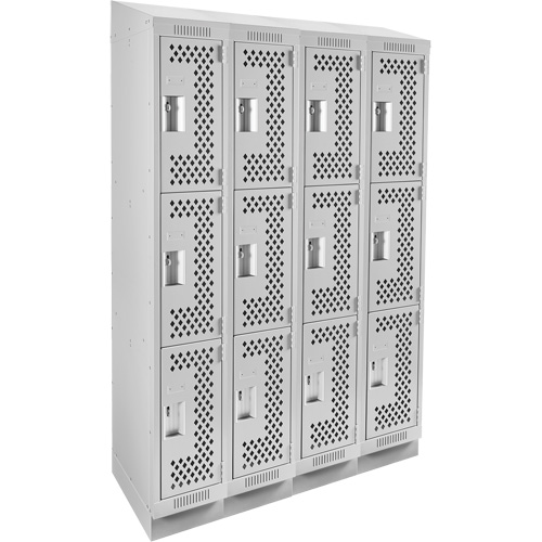 Clean Line Lockers, 3 -tier, Bank of 4, 48" x 15" x 82", Steel, Grey, Rivet (Assembled), Perforated We Share Industrial Supply