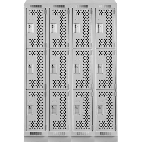 Clean Line Lockers, 3 -tier, Bank of 4, 48" x 15" x 82", Steel, Grey, Rivet (Assembled), Perforated We Share Industrial Supply