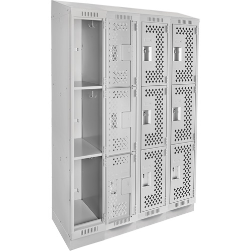 Clean Line Lockers, 3 -tier, Bank of 4, 48" x 15" x 82", Steel, Grey, Rivet (Assembled), Perforated We Share Industrial Supply
