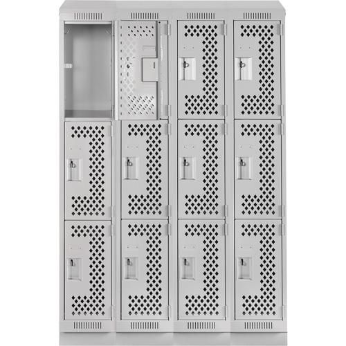 Clean Line Lockers, 3 -tier, Bank of 4, 48" x 15" x 82", Steel, Grey, Rivet (Assembled), Perforated We Share Industrial Supply