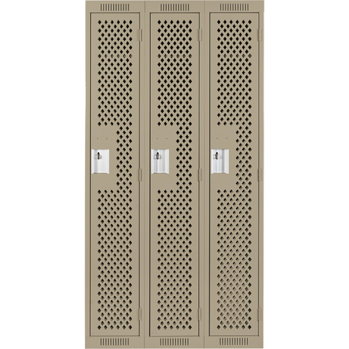 Clean Line Lockers, Bank of 3, 36" x 12" x 72", Steel, Beige, Rivet (Assembled), Perforated We Share Industrial Supply