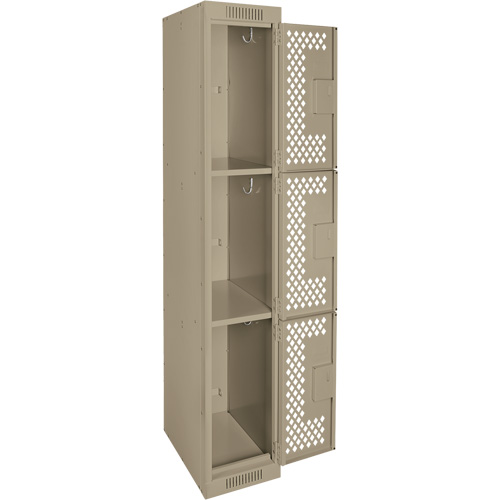 Clean Line Lockers, 3 -tier, 12" x 12" x 72", Steel, Beige, Rivet (Assembled), Perforated We Share Industrial Supply