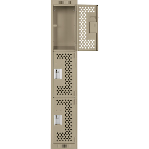Clean Line Lockers, 3 -tier, 12" x 12" x 72", Steel, Beige, Rivet (Assembled), Perforated We Share Industrial Supply