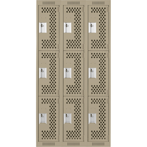 Clean Line Lockers, 3 -tier, Bank of 3, 36" x 12" x 72", Steel, Beige, Rivet (Assembled), Perforated We Share Industrial Supply