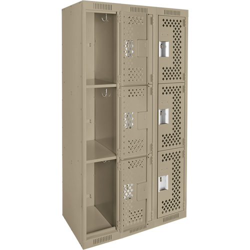 Clean Line Lockers, 3 -tier, Bank of 3, 36" x 12" x 72", Steel, Beige, Rivet (Assembled), Perforated We Share Industrial Supply