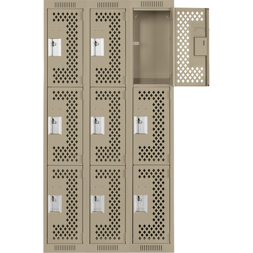 Clean Line Lockers, 3 -tier, Bank of 3, 36" x 12" x 72", Steel, Beige, Rivet (Assembled), Perforated We Share Industrial Supply