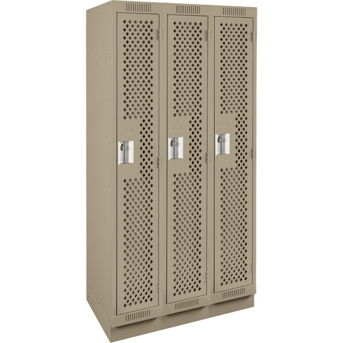 Clean Line Lockers, Bank of 3, 36" x 15" x 76", Steel, Beige, Rivet (Assembled), Perforated We Share Industrial Supply