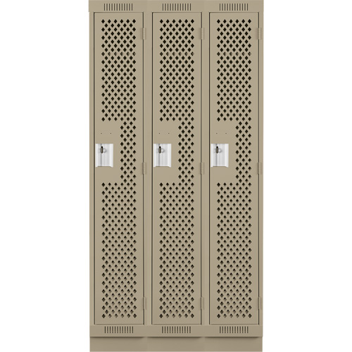 Clean Line Lockers, Bank of 3, 36" x 15" x 76", Steel, Beige, Rivet (Assembled), Perforated We Share Industrial Supply