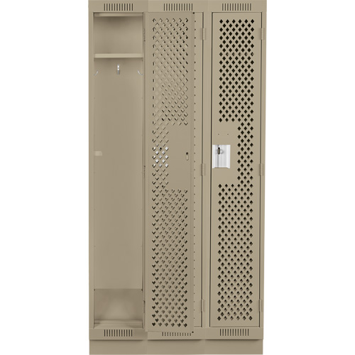 Clean Line Lockers, Bank of 3, 36" x 15" x 76", Steel, Beige, Rivet (Assembled), Perforated We Share Industrial Supply