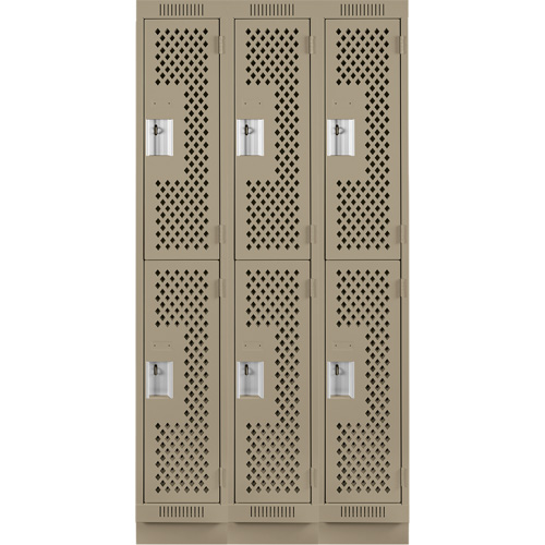 Clean Line Lockers, 2 -tier, Bank of 3, 36" x 18" x 76", Steel, Beige, Rivet (Assembled), Perforated We Share Industrial Supply
