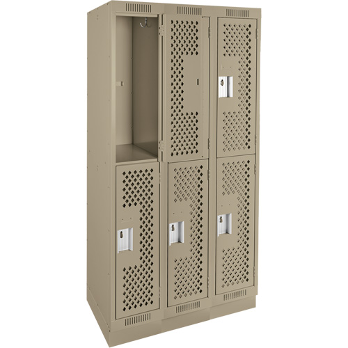 Clean Line Lockers, 2 -tier, Bank of 3, 36" x 18" x 76", Steel, Beige, Rivet (Assembled), Perforated We Share Industrial Supply