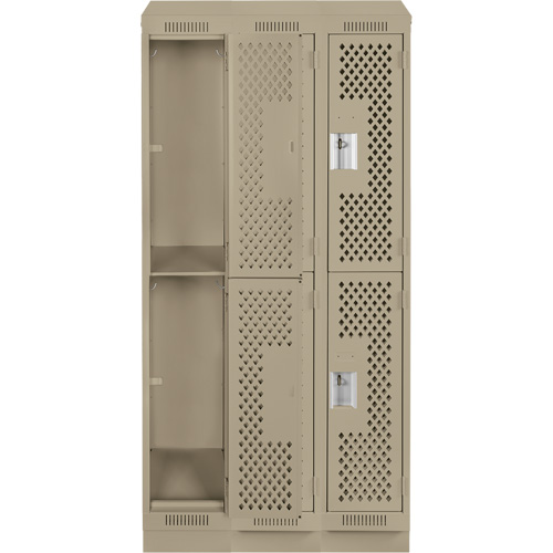 Clean Line Lockers, 2 -tier, Bank of 3, 36" x 18" x 82", Steel, Beige, Rivet (Assembled), Perforated We Share Industrial Supply