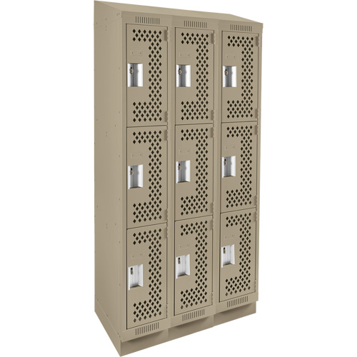 Clean Line Lockers, 3 -tier, Bank of 3, 36" x 15" x 82", Steel, Beige, Rivet (Assembled), Perforated We Share Industrial Supply