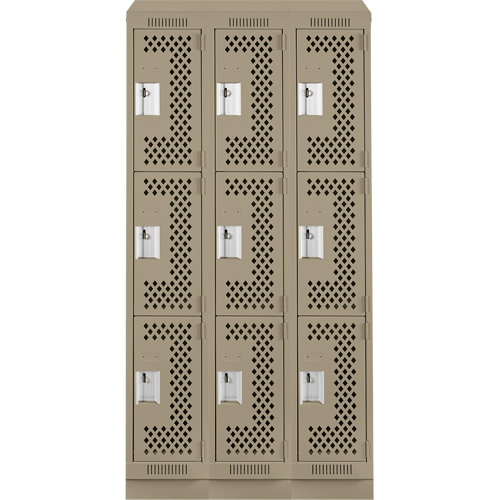 Clean Line Lockers, 3 -tier, Bank of 3, 36" x 15" x 82", Steel, Beige, Rivet (Assembled), Perforated We Share Industrial Supply