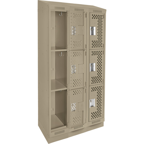 Clean Line Lockers, 3 -tier, Bank of 3, 36" x 15" x 82", Steel, Beige, Rivet (Assembled), Perforated We Share Industrial Supply