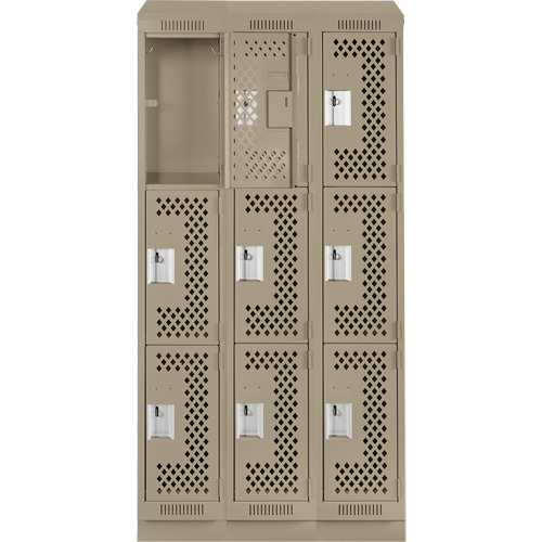 Clean Line Lockers, 3 -tier, Bank of 3, 36" x 15" x 82", Steel, Beige, Rivet (Assembled), Perforated We Share Industrial Supply