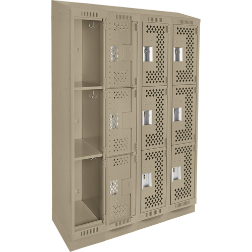 Clean Line Lockers, 3 -tier, Bank of 4, 48" x 15" x 82", Steel, Beige, Rivet (Assembled), Perforated We Share Industrial Supply