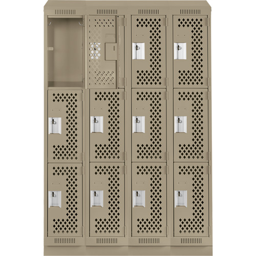 Clean Line Lockers, 3 -tier, Bank of 4, 48" x 15" x 82", Steel, Beige, Rivet (Assembled), Perforated We Share Industrial Supply