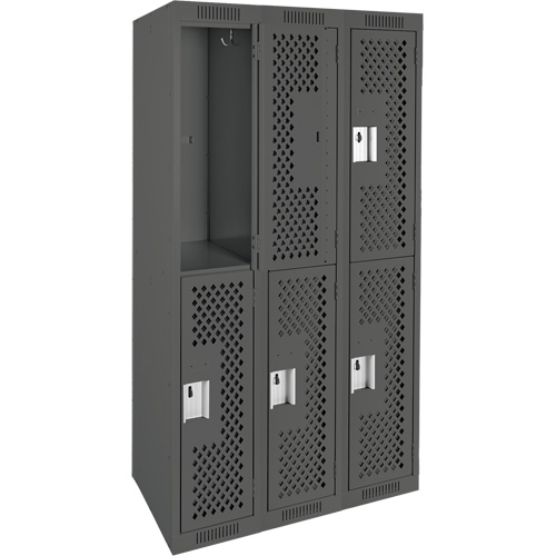 Clean Line Lockers, 2 -tier, Bank of 3, 36" x 15" x 72", Steel, Charcoal, Rivet (Assembled), Perforated We Share Industrial Supply