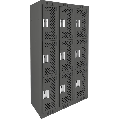 Clean Line Lockers, 3 -tier, Bank of 3, 36" x 12" x 72", Steel, Charcoal, Rivet (Assembled), Perforated We Share Industrial Supply