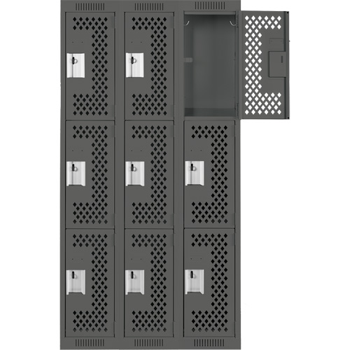 Clean Line Lockers, 3 -tier, Bank of 3, 36" x 12" x 72", Steel, Charcoal, Rivet (Assembled), Perforated We Share Industrial Supply