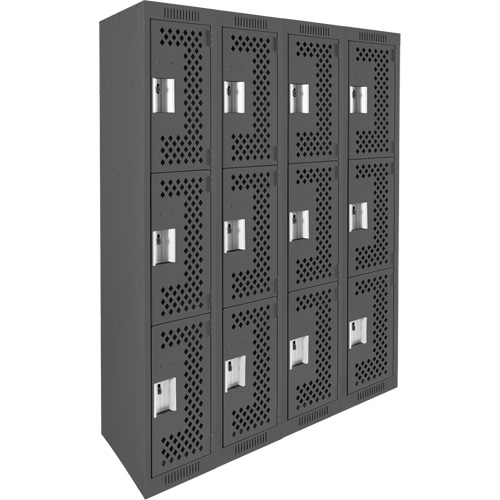 Clean Line Lockers, 3 -tier, Bank of 4, 48" x 12" x 72", Steel, Charcoal, Rivet (Assembled), Perforated We Share Industrial Supply