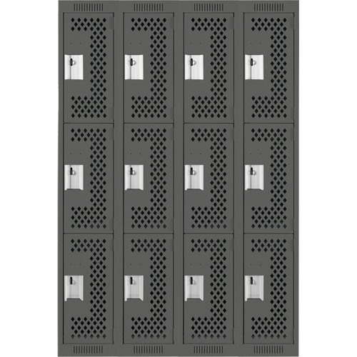 Clean Line Lockers, 3 -tier, Bank of 4, 48" x 12" x 72", Steel, Charcoal, Rivet (Assembled), Perforated We Share Industrial Supply