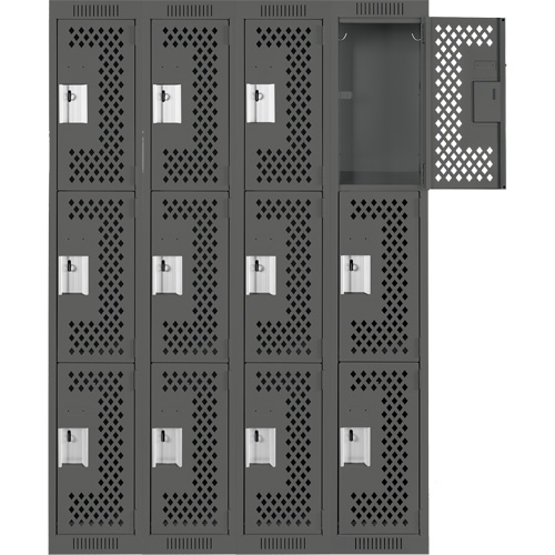Clean Line Lockers, 3 -tier, Bank of 4, 48" x 12" x 72", Steel, Charcoal, Rivet (Assembled), Perforated We Share Industrial Supply