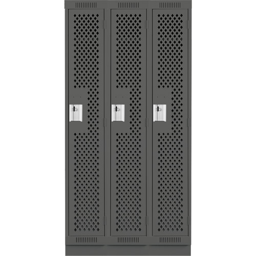 Clean Line Lockers, Bank of 3, 36" x 15" x 76", Steel, Charcoal, Rivet (Assembled), Perforated We Share Industrial Supply