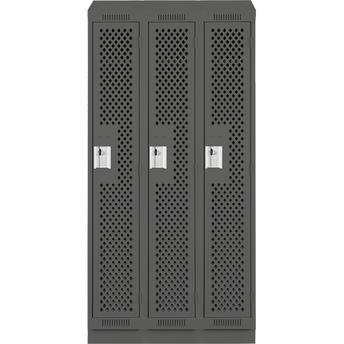 Clean Line Lockers, Bank of 3, 36" x 15" x 82", Steel, Charcoal, Rivet (Assembled), Perforated We Share Industrial Supply