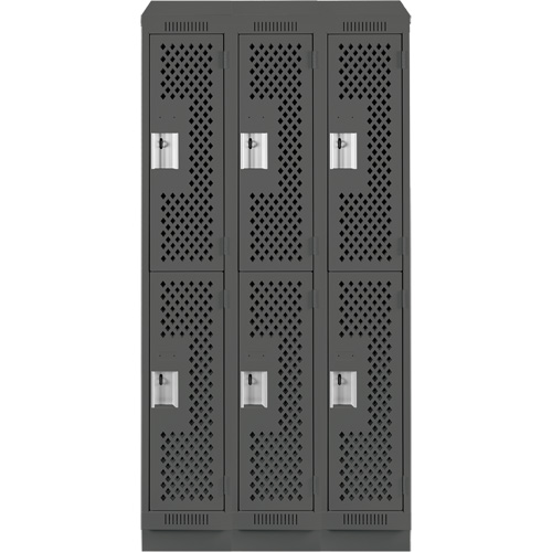 Clean Line Lockers, 2 -tier, Bank of 3, 36" x 18" x 82", Steel, Charcoal, Rivet (Assembled), Perforated We Share Industrial Supply