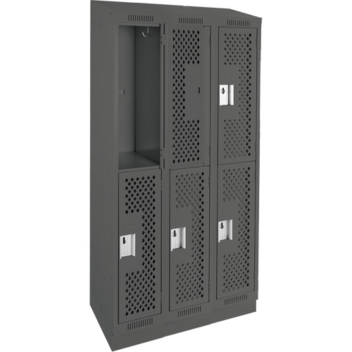 Clean Line Lockers, 2 -tier, Bank of 3, 36" x 18" x 82", Steel, Charcoal, Rivet (Assembled), Perforated We Share Industrial Supply