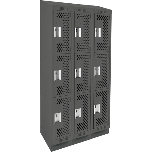 Clean Line Lockers, 3 -tier, Bank of 3, 36" x 15" x 82", Steel, Charcoal, Rivet (Assembled), Perforated We Share Industrial Supply
