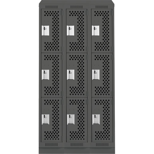 Clean Line Lockers, 3 -tier, Bank of 3, 36" x 15" x 82", Steel, Charcoal, Rivet (Assembled), Perforated We Share Industrial Supply