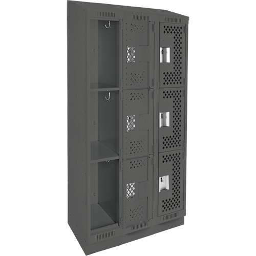 Clean Line Lockers, 3 -tier, Bank of 3, 36" x 15" x 82", Steel, Charcoal, Rivet (Assembled), Perforated We Share Industrial Supply