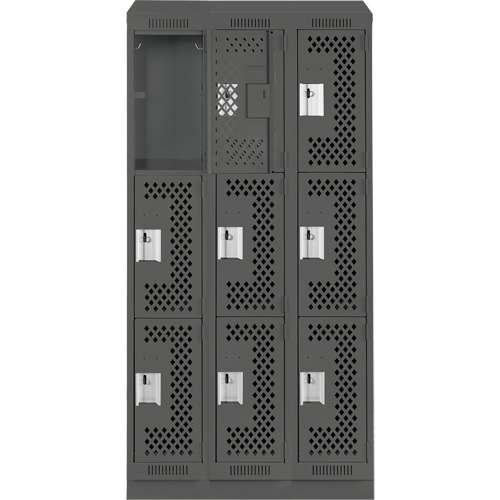 Clean Line Lockers, 3 -tier, Bank of 3, 36" x 15" x 82", Steel, Charcoal, Rivet (Assembled), Perforated We Share Industrial Supply