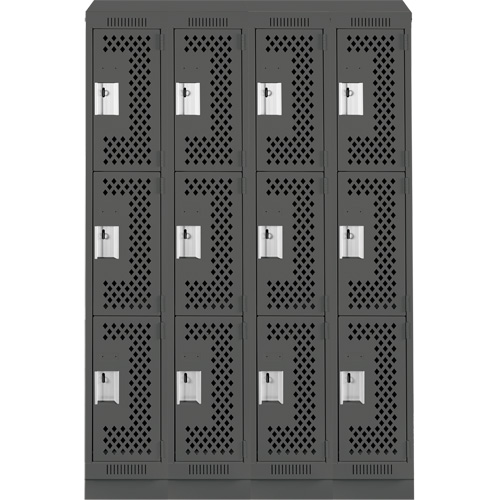 Clean Line Lockers, 3 -tier, Bank of 4, 48" x 15" x 82", Steel, Charcoal, Rivet (Assembled), Perforated We Share Industrial Supply