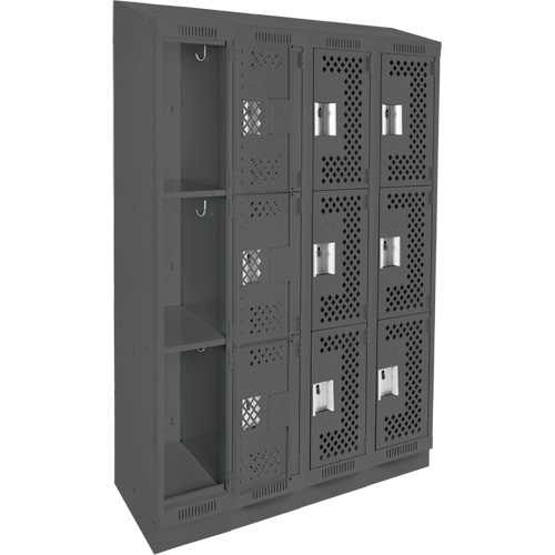 Clean Line Lockers, 3 -tier, Bank of 4, 48" x 15" x 82", Steel, Charcoal, Rivet (Assembled), Perforated We Share Industrial Supply